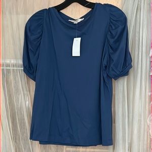 🌞 Loft blue pleated puff sleeves crew neck shirt women size M
